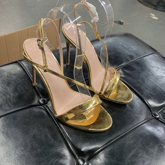 Women’s Barely There High Heel Stiletto Sandals in Metallic Gold Faux Leather - Picture 13 of 16